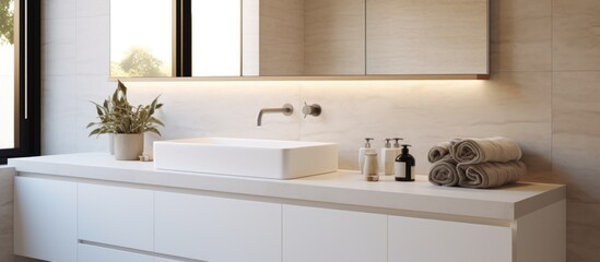 A clean and modern bathroom featuring a sleek white sink with faucets mounted on a white cabinet. A large mirror hangs above the sink, reflecting the clean and simple design of the space.