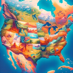 Colorful cartoon fantasy map of USA and ocean. Treasure map. Concept of Abstract, Background, Wallpaper, Pattern, Adventure, Game, Travel, Exploration, Island, Treasure, Nursery decor.
