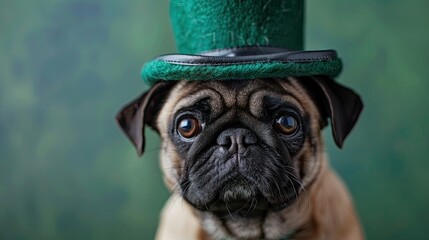 happy st patrick s day funny cute pug dog wearing leprechaun green hat on a green background march  - obrazy, fototapety, plakaty