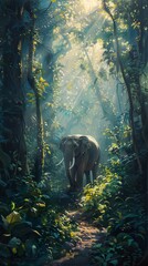 Fototapeta premium An elephant gracefully navigating through a dense rainforest its path illuminated by shafts of light piercing through the canopy above