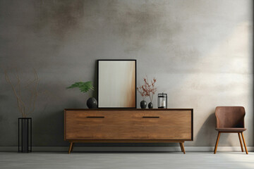 A modern living space featuring a wooden cabinet and dresser against a textured concrete backdrop....
