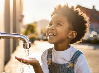 Happy African child drinking water from faucet on the street. The importance of solving Water Issues in Africa concept. Safe drinking water. - obrazy, fototapety, plakaty
