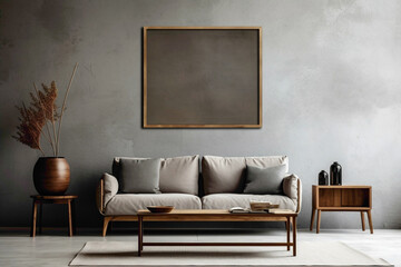Chic ambiance with wooden furniture and empty poster frame against textured concrete wall in...