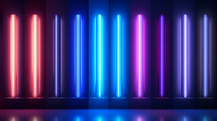 Vibrant neon lights with reflection on a dark surface. Abstract background of neon tubes in pink, blue, and purple. Modern and futuristic lighting concept with copy space.