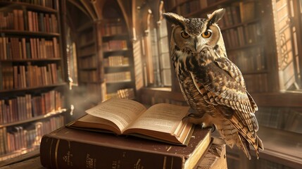 An owl at dusk its presence adding a sense of mystery and wisdom to the ancient library it calls home as the day fades into night - obrazy, fototapety, plakaty