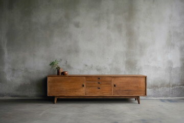 Chic wooden cabinet and dresser against raw concrete, awaiting artwork.