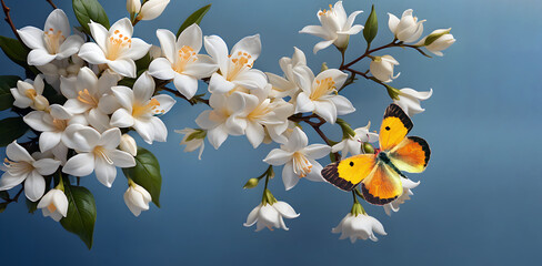 bright orange butterfly on a branch of blooming jasmine
