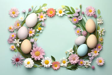 Naklejka na ściany i meble Easter Eggs and Flowers Frame. Easter Sunday Decoration on Pastel Color Background with Copy Space