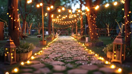 outdoor string lights wedding decor for the night ceremony  - obrazy, fototapety, plakaty