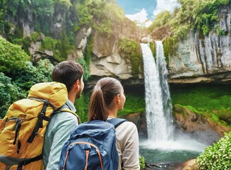 Couple travel together, watching waterfall. Concept of travel the world together.