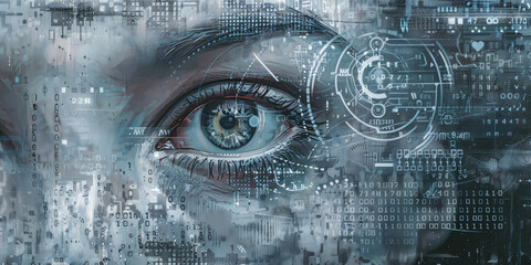 A close up of an eye on the right side of the frame, surrounded by digital code and binary numbers with a tech background