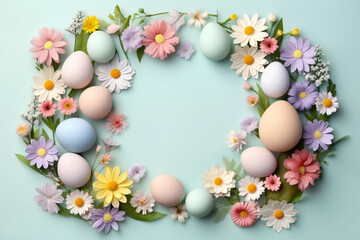 Easter Eggs and Flowers Frame. Easter Sunday Decoration on Pastel Color Background with Copy Space