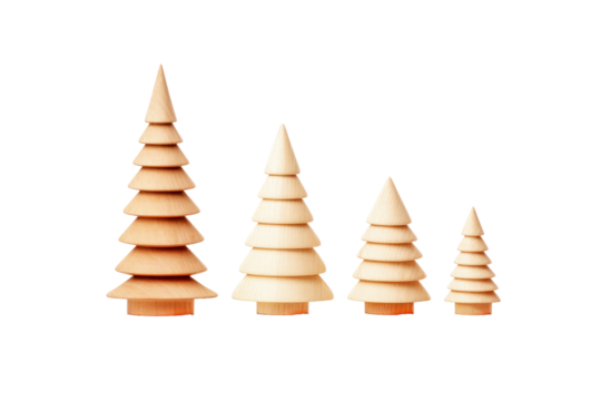 Isolated set of Christmas trees made of wooden boards on transparent background. Symbol of winter holidays. Plastic free holiday decorations. Save planet, zero waste concept. Template