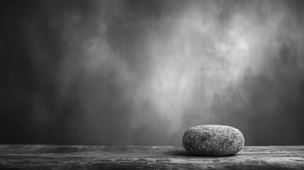  a rock sitting on top of a wooden table next to a black and white photo of a sky filled with clouds.