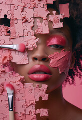 a fragment of an African-American woman's face and makeup brushes, a pink cosmetic product similar to puzzle pieces, the concept of advertising cosmetics, the profession of a makeup artist