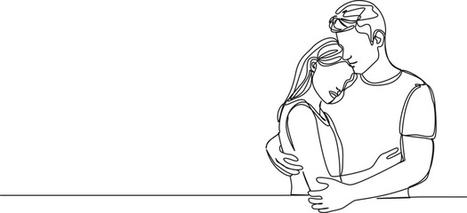 continuous single line drawing of man and woman tenderly embracing each other, line art vector illustration