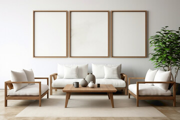 Clean and serene living room setting with two sofas, a rustic wooden table, and a blank frame for text.