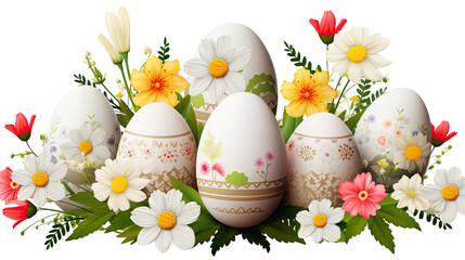 Obraz na płótnie Canvas Colorful Easter Eggs and Flowers Decoration. Illustration on White Background