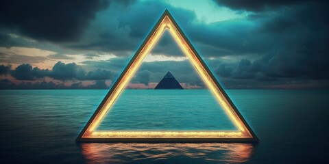 Generative AI, abstract geometric background, clouds, sea and glowing neon triangular frame. Minimal futuristic seascape with reflection in the water.