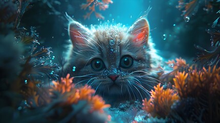 Fototapeta na wymiar Fluffy Scottish Fold Cat Exploring Bioluminescent Kelp Forest in a Dreamlike Underwater World