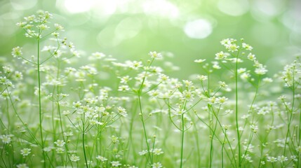  a close up of a bunch of white flowers on a green grass field with sunlight shining through the trees in the background.