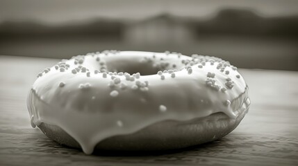 Fototapeta na wymiar a white frosted donut sitting on top of a wooden table with sprinkles on top of it.