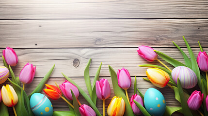 Easter Eggs and Tulip Flowers on Wooden Background: Copy Space for Happy Easter Sunday Banner