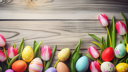 Fototapeta na wymiar Easter Eggs and Tulip Flowers on Wooden Background: Copy Space for Happy Easter Sunday Banner