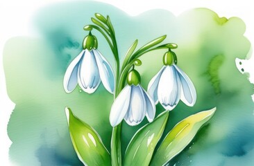 Snowdrops flower painted in watercolor