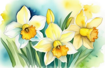Fototapeta na wymiar Narcissus flower painted in watercolor