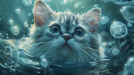 Tranquil Scottish Fold Cat Surrounded by Bioluminescent Jellyfish in Deep-Sea Exploration