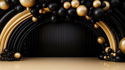 Generative AI, arch of black and golden balloons. Mock up for Black Friday or other holiday 3d background