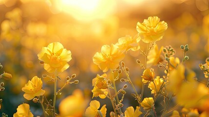 soft focus sunset field landscape of yellow flowers and grass meadow warm during golden hour sunset or sunrise abstract background 
