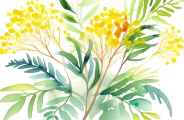 Mimosa flowers painted in watercolor