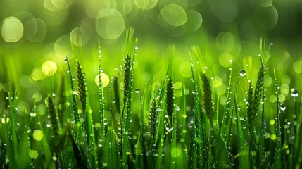 Foto op Canvas  a close up of grass with drops of water on the grass and a boke of light in the background. © Kaija