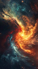 Black hole absorbing a fiery nebula illustrating the cosmic battle between gravity and combustion