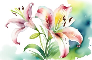 Lily flowers painted in watercolor