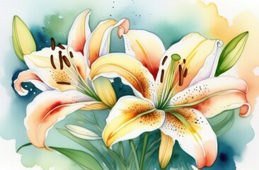 Lily flowers painted in watercolor