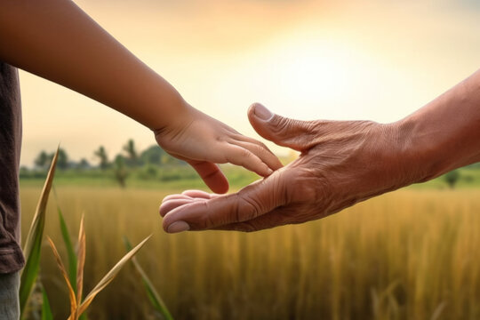 A young child's hand grasps an elderly person's finger with a field in the background.