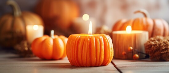 A group of pumpkins is arranged neatly on top of a table, creating a cozy and festive autumn atmosphere. The pumpkins are placed on a white wood texture, adding a touch of rustic charm to the scene.