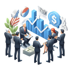 A 3d flat icon of business and financial concept Government officials discussing economic recovery plans and stimulus packages with isolated white background and business tone