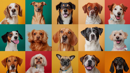 A montage of cheerful dogs, each with their own unique expressions, set against a series of colorful backdrops.