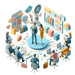 A 3d flat icon of business and financial concept Marketers brainstorming advertising campaigns and marketing strategies with isolated white background and business tone
