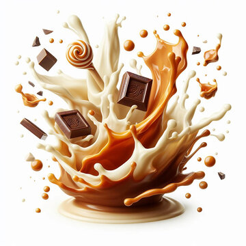 3D Caramel splash milk sauce chocolate liquid background cream toffee food falling splash caramel candy 3d isolated Ai generative.