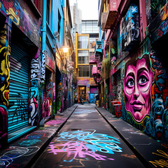 Vibrant street art in an urban alleyway.