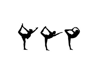 King dancer pose silhouette. Female silhouette in yoga king dancer variation Pose. Standing bow pulling pose isolated white background.