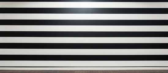 A black and white striped wall stands tall, with a simple wooden bench placed in front of it. The...