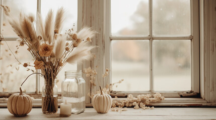 Generative AI, Autumn rustic decoration for home and celebration concept, pumpkins and plants, autumn background..