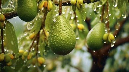 Generative AI, Avocado plantation, growing fruit hanging in the tree.