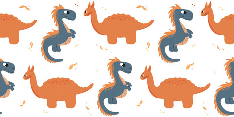 Cute dinosaur seamless pattern. Kids pattern in flat cartoon style. Cute colored dinosaurs for nursery. Dragon white background. 
